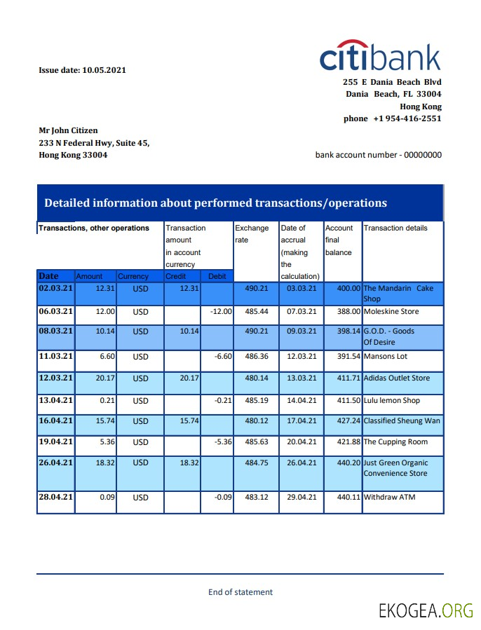 Hong Kong Citibank Excel